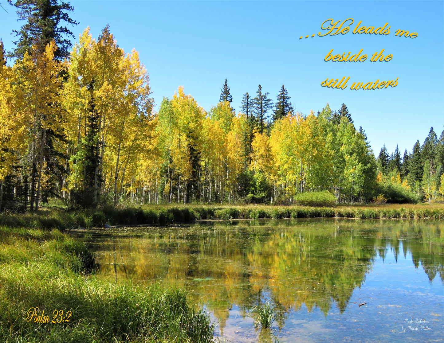 Photo Scripture Picture Aspen Mirror Lake, Autumn, Duck Creek Village, Utah, Psalm 23:2